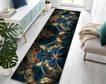 Kitchen Runner Rug, Fractal Art Kitchen Runner Rug, Modern Blue & Gold Floor Mat, Abstract Geometric Hallway Carpet, Non-Slip Washable