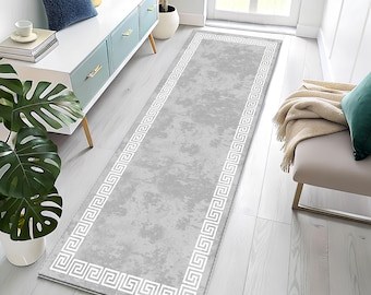 Gray Greek Key Runner Rug - Modern Distressed Hallway Carpet - Washable Non-Slip Kitchen Runner - White Geometric Border Rug for Home Decor