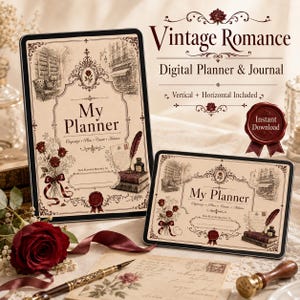 Könnte beinhalten: Ein digitaler Planer und ein Journal mit dem Titel Vintage Romance, mit einem cremefarbenen Einband, verzierten Rändern, roten Rosen, einer Feder und einem Tintenfass. Der Text lautet My Planner, Organize Plan Create Achieve und This Planner Belongs To.