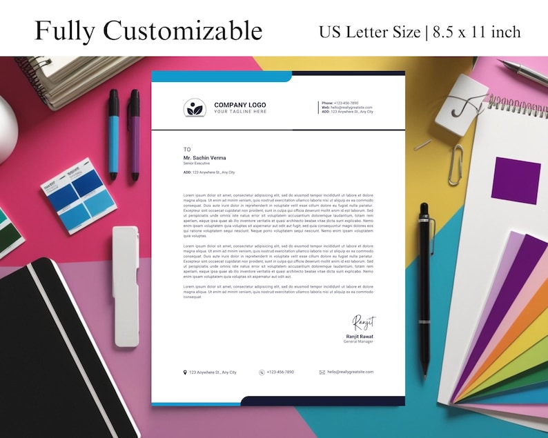 May include: A customizable letterhead template in US Letter size (8.5 x 11 inches) with a blue and white color scheme. The template features a company logo placeholder, contact information, and a space for a recipient's name and address. The text "COMPANY LOGO" and "YOUR TAGLINE HERE" is displayed in the header.