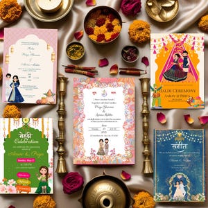 Pacote de convites pré-casamento indianos Convite de casamento editável, Mehendi, Haldi, Sangeet e Roka Invite Cartão digital para cerimônia de casamento indiano