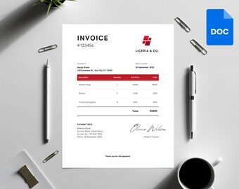 May include: A black and white invoice with the title "INVOICE #123456" and the company name "LICERIA & CO." The invoice is for Harper Russ at 123 Anywhere St., Any City, ST 12345. The invoice is dated September 20, 2022. The invoice lists the following items: Website design, Revision, Product photography. The total amount of the invoice is $5800. The invoice includes payment information for Aldensure Bank, Account Name: Estelle Denny, Account No: 123-456-7890, Pay by: 30 November, 2022. The invoice is signed by Olivia Wilson, Head of Finance.