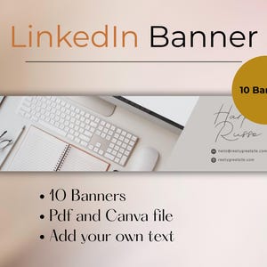 Könnte beinhalten: LinkedIn-Banner-Design mit neutralem Farbschema. Das Bild enthält eine Tastatur, ein Notizbuch und eine Brille. Das Banner-Design zeigt den Text "LinkedIn Banner", "10 Banners" und die Option, eigenen Text hinzuzufügen.