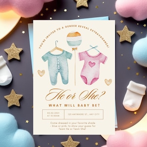 Gender Reveal Invitation Editable Template They Baby Shower Party Digital Blue Pink Clothesline Theme DIY Announcement