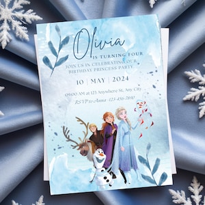 May include: A blue and white invitation card with a watercolor background. The card features a Frozen theme with characters from the movie, including Elsa, Anna, and Olaf. The text on the card reads "Olivia is turning four, join us in celebrating our birthday princess party, 10 May 2024, 09:00 AM at 123 Anywhere St., Any City, RSVP to Anna 123-456-7890".