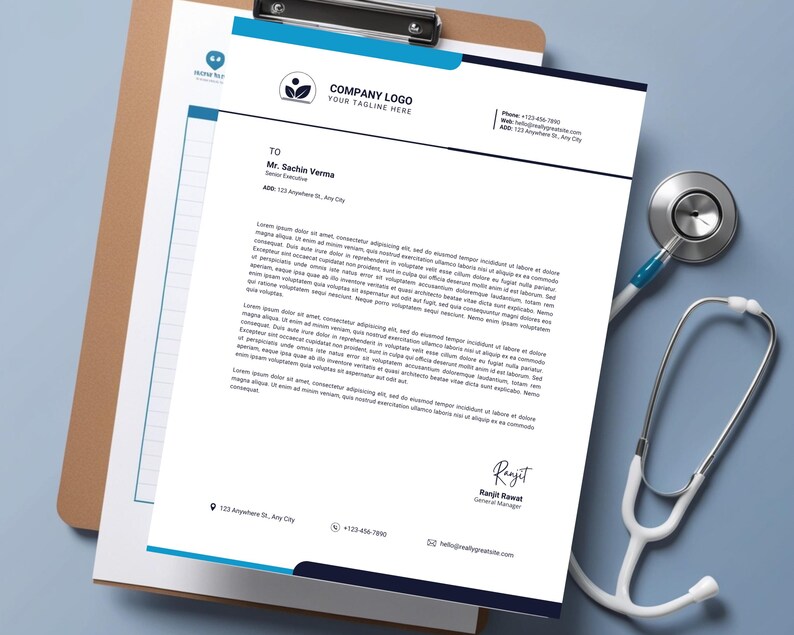 May include: A white letterhead template with a blue and black border. The company logo is a green leaf inside a circle. The text "COMPANY LOGO" and "YOUR TAGLINE HERE" is in black. The text "TO" is followed by the name "Mr. Sachin Verma" and the title "Senior Executive". The address is "Add: 123 Anywhere St, Any City". The phone number is +123-456-7890. The email address is help@reallygreatsite.com. The text "Rajit" is written in cursive. The name "Rajit Rawat" and the title "General Manager" are in black. The text "123 Anywhere St, Any City" is in black. The phone number is +123-456-7890. The email address is help@reallygreatsite.com.
