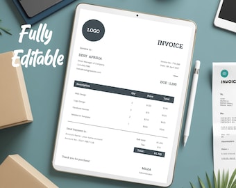 Puede incluir: Una factura blanca con un encabezado negro y una tabla gris que enumera los servicios y los precios. La factura es para el diseño web, el diseño del logotipo, la pancarta de Facebook y la plantilla del kit móvil. El importe total adeudado es de 1.195 €.