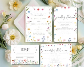 Floral Wedding Invitation Set: Editable Wildflower Template (Digital Download)
