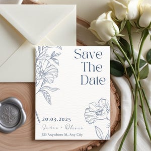 Modelo editável para salvar a data, convite de casamento azul-poeira, cartão digital para download instantâneo para celebrações de casamento, cartão minimalista