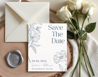 Dusty Blue Floral Save the Date Template: Minimalist Wedding (Digital Download)