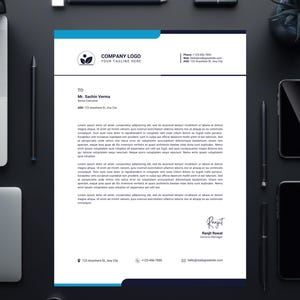 May include: A blue and white business letterhead with a company logo, a plant icon, and the text "COMPANY LOGO" and "YOUR TAGLINE HERE". The letter is addressed to Mr. Sachin Verma, Senior Executive, at 123 Anywhere St., Any City. The letter includes the company's phone number, email address, and website address.