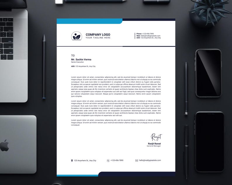 May include: A blue and white business letterhead with a company logo, a plant icon, and the text "COMPANY LOGO" and "YOUR TAGLINE HERE". The letter is addressed to Mr. Sachin Verma, Senior Executive, at 123 Anywhere St., Any City. The letter includes the company's phone number, email address, and website address.