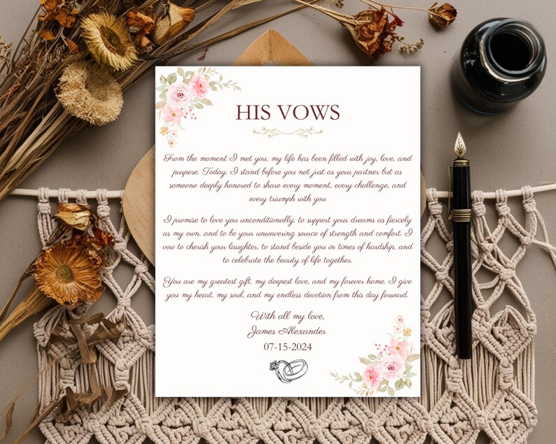 Editable Wedding Vows Template: His & Hers Keepsake (digital Printable ...