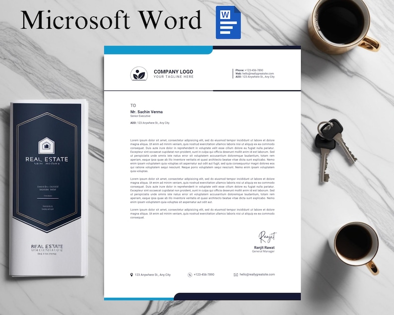May include: A blue and white business letterhead template for Microsoft Word. The template features a company logo with a leaf design, a company name, and a tagline. The letterhead also includes contact information, such as a phone number, email address, and website address. The letter is addressed to Mr. Sachin Verma, Senior Executive.