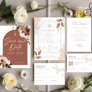 Terracotta Pampas Wedding Invitation Set | Boho Arch Printable Suite | Editable Canva Template for Modern Weddings