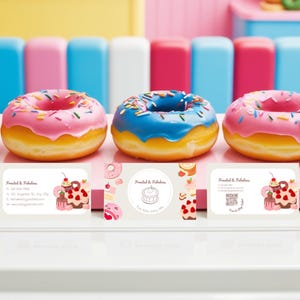 Modelo de cartão de visita de donut editável Design personalizável 1 design frontal e 2 opções de verso com código QR Download instantâneo Modelo Canva DIY