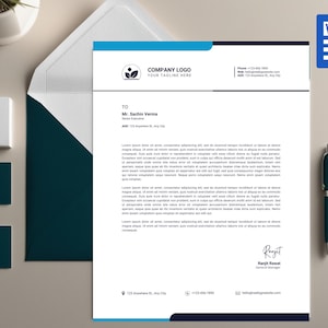 May include: A blue and white business letterhead template with a company logo, contact information, and a sample letter addressed to Mr. Sachin Verma. The letterhead includes the text "COMPANY LOGO" and "YOUR TAGLINE HERE".