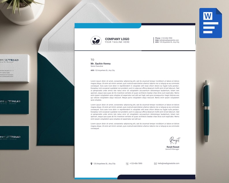 May include: A blue and white business letterhead template with a company logo, contact information, and a sample letter addressed to Mr. Sachin Verma. The letterhead includes the text "COMPANY LOGO" and "YOUR TAGLINE HERE".