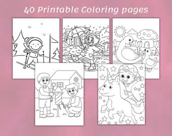May include: A set of 40 printable coloring pages featuring various scenes, including a child skiing, a child holding an umbrella, a child riding a unicorn, a child holding fireworks, and a duck and duckling.