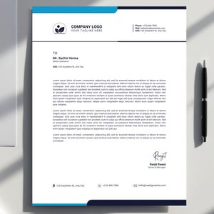 May include: A blue and white business letterhead template with a company logo, contact information, and a signature line. The text on the letterhead reads "COMPANY LOGO YOUR TAGLINE HERE", "Phone: +123-456-7800", "Web: hello@reallygreatsite.com", "AD123 Anywhere St, Any City", "TO", "Mr. Sachin Verma", "Senior Executive", "AD123 Anywhere St, Any City", "Ranjit", "Ranjit Rawat", "General Manager", "hello@reallygreatsite.com", and "123 Anywhere St, Any City", "+123-456-7800".