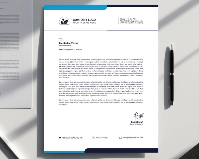 May include: A blue and white business letterhead template with a company logo, contact information, and a signature line. The text on the letterhead reads "COMPANY LOGO YOUR TAGLINE HERE", "Phone: +123-456-7800", "Web: hello@reallygreatsite.com", "AD123 Anywhere St, Any City", "TO", "Mr. Sachin Verma", "Senior Executive", "AD123 Anywhere St, Any City", "Ranjit", "Ranjit Rawat", "General Manager", "hello@reallygreatsite.com", and "123 Anywhere St, Any City", "+123-456-7800".