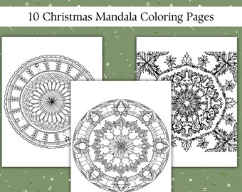 May include: Ten black and white Christmas mandala coloring pages. Each page features a different intricate design with snowflakes, holly, and other festive elements.