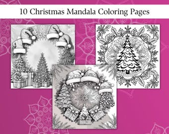 May include: Three black and white coloring pages featuring Christmas-themed mandalas. The first page features a wreath of Santa hats surrounding a Christmas tree. The second page features a Christmas tree inside a snowflake mandala. The third page features a Christmas tree inside a star mandala.