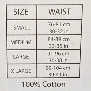 May include: A size chart with the words "SIZE" and "WAIST" at the top. The chart lists sizes small, medium, large, and x-large, with corresponding waist measurements in inches and centimeters. The text "100% Cotton" is at the bottom.