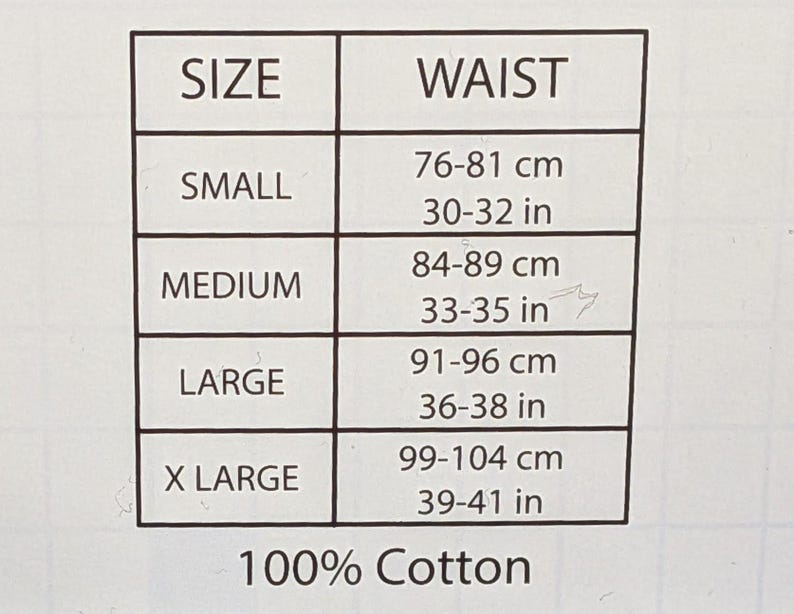 May include: A size chart with the words "SIZE" and "WAIST" at the top. The chart lists sizes small, medium, large, and x-large, with corresponding waist measurements in inches and centimeters. The text "100% Cotton" is at the bottom.