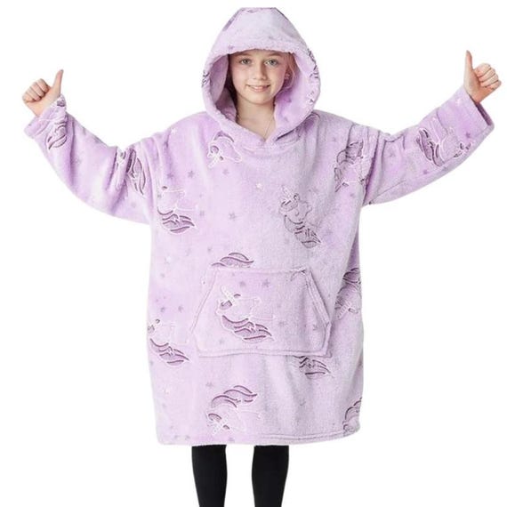 Coperta con cappuccio lilla fosforescente per bambini con unicorno