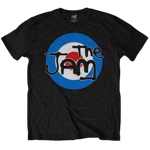 May include: Black t-shirt with a white and blue target graphic and the text "The Jam" in black.