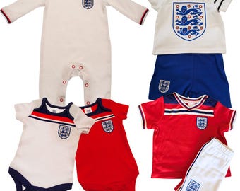 England Baby and Toddler Football Clothing - Retro 1982 Children's Away Football Kit, 2 Pack Vests and Sleepsuit - Footy Clothes