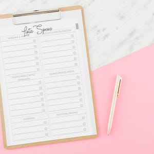May include: A white checklist on a clipboard with a brown frame. The checklist is divided into two columns with the headings "Verdura & Frette" and "Scott/Snack/Succ", "Pasta/Pane/Latte/Formaggi" and "Carne/Pesce/Uova", "Detersivi" and "Selfcare/Bagno".