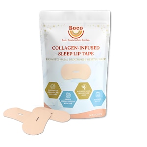 May include: A package of "Boco" Collagen-Infused Sleep Lip Tape, promoting nasal breathing and restful sleep. The package is white with gold accents and features a peach-colored lip tape design. Several peach-colored lip tapes are in front of the package.
