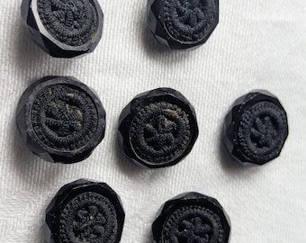 Lot of 7 Vintage Black Glass Faceted Buttons with Woven Insert