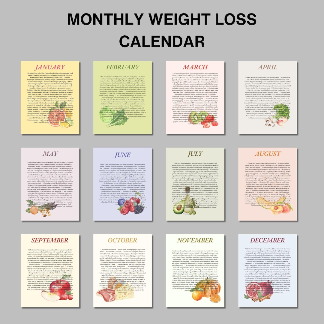 Monthly Weight Loss Calendar, Printable Wall Calendar, Self Care