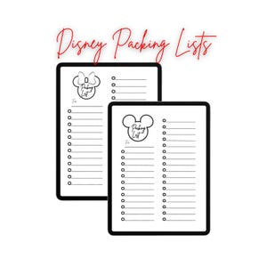 Peut inclure: Deux listes de colisage imprimables Disney avec des icônes de Mickey Mouse et Minnie Mouse. Chaque liste a un titre qui dit "Packing List" et un espace pour écrire "For:".