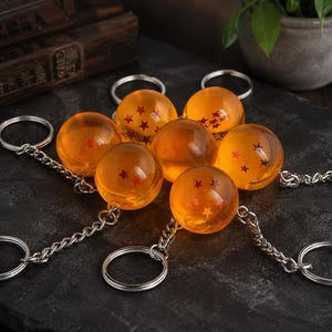 Puede incluir: Un conjunto de siete llaveros esféricos de color naranja translúcido, cada uno con un número diferente de estrellas rojas en su interior. Cada esfera está unida a una cadena de metal plateado y a una anilla circular para llaves, dispuestas en círculo.