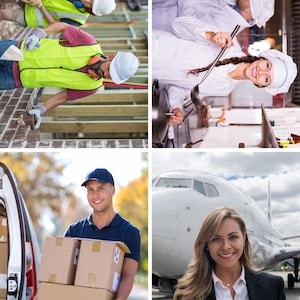 Puede incluir: Cuatro imágenes que muestran diferentes profesiones. Un trabajador de la construcción con chaleco de seguridad, un chef con uniforme blanco, un repartidor con cajas y una azafata con blazer negro frente a un avión.