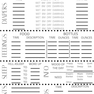 Könnte beinhalten: Ein schwarz-weißes druckbares Tagesprotokoll zur Verfolgung der Babypflege. Das Protokoll enthält Abschnitte für Windeln, Fütterungen, Schlaf, Stimmung, Bedürfnisse und Medikamente. Es enthält auch Abschnitte zur Aufzeichnung von Zeiten und Unzen für Flaschen und Nahrung.