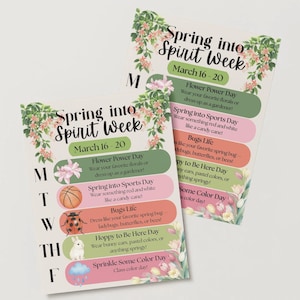 May include: Two printed cards with the text "Spring into Spirit Week" and the dates March 16-20. The cards feature a floral design and list daily themes like "Flower Power Day" and "Spring into Sports Day".