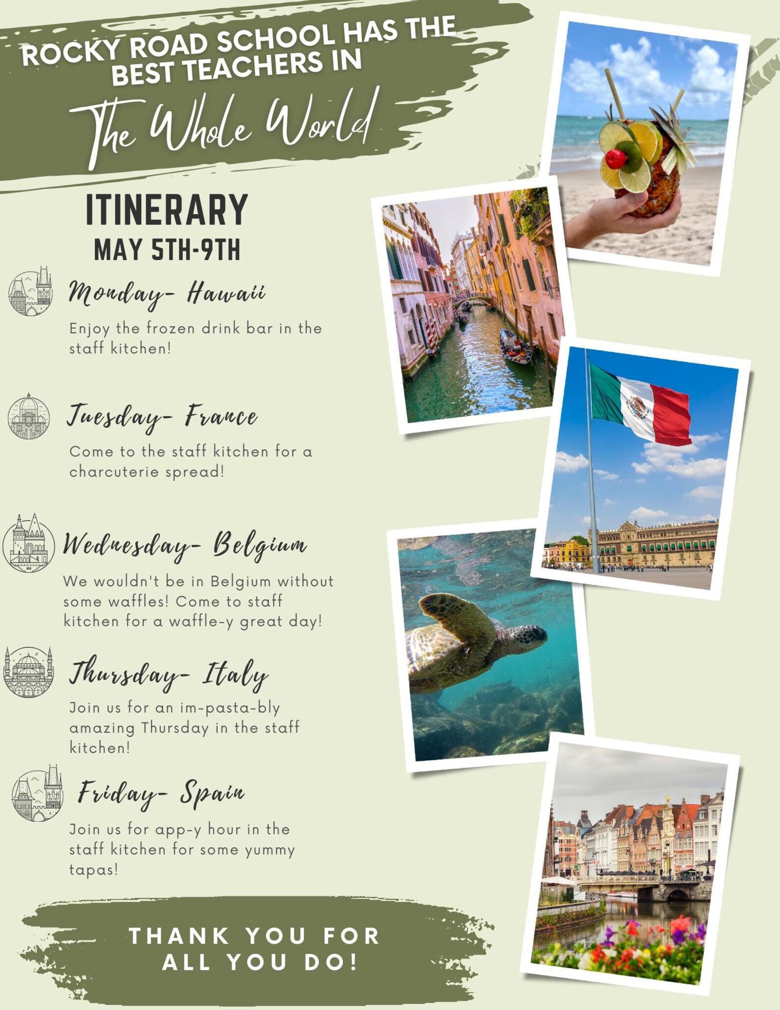 Around the World Teacher Appreciation Week Itinerary Template (editable ...