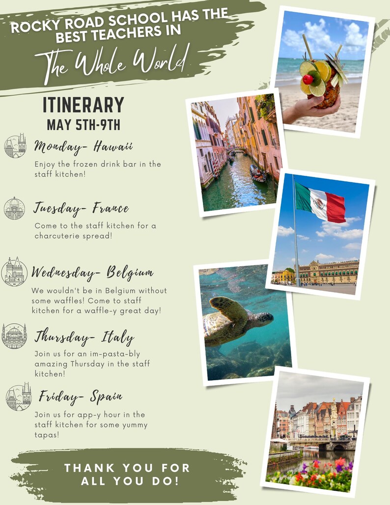 Around the World Teacher Appreciation Week Itinerary Template (editable ...