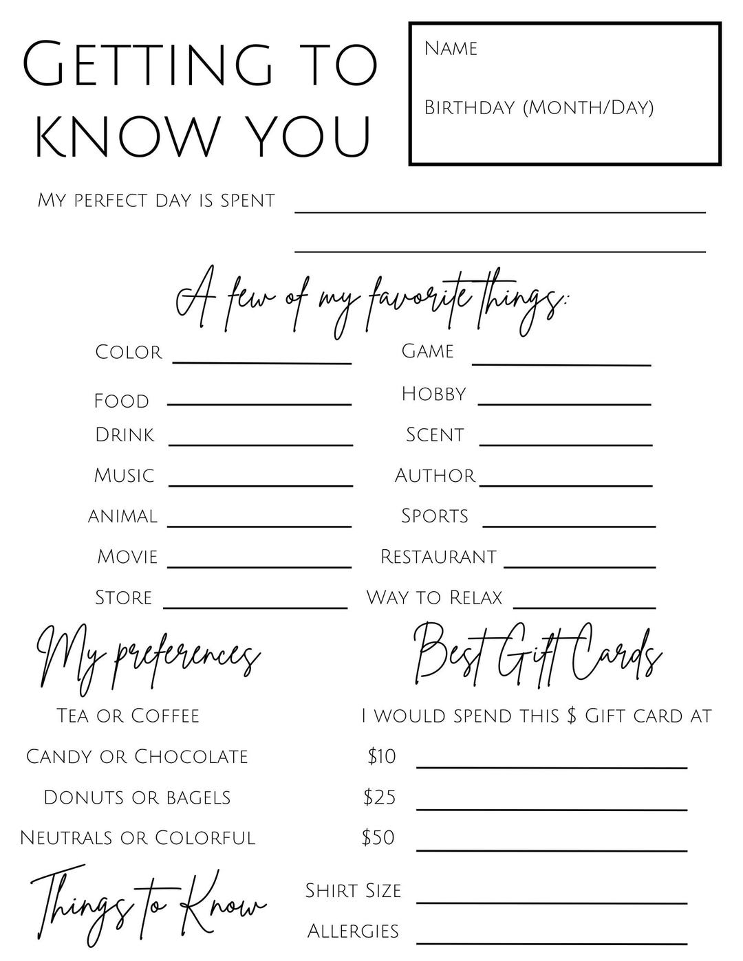 Getting to Know You Handout Staff Morale, Professional Development