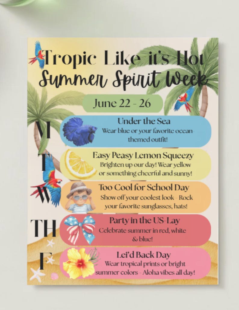 Tropic Like It’s Hot Spirit Week | Summer Spirit Week Dress up Days ...
