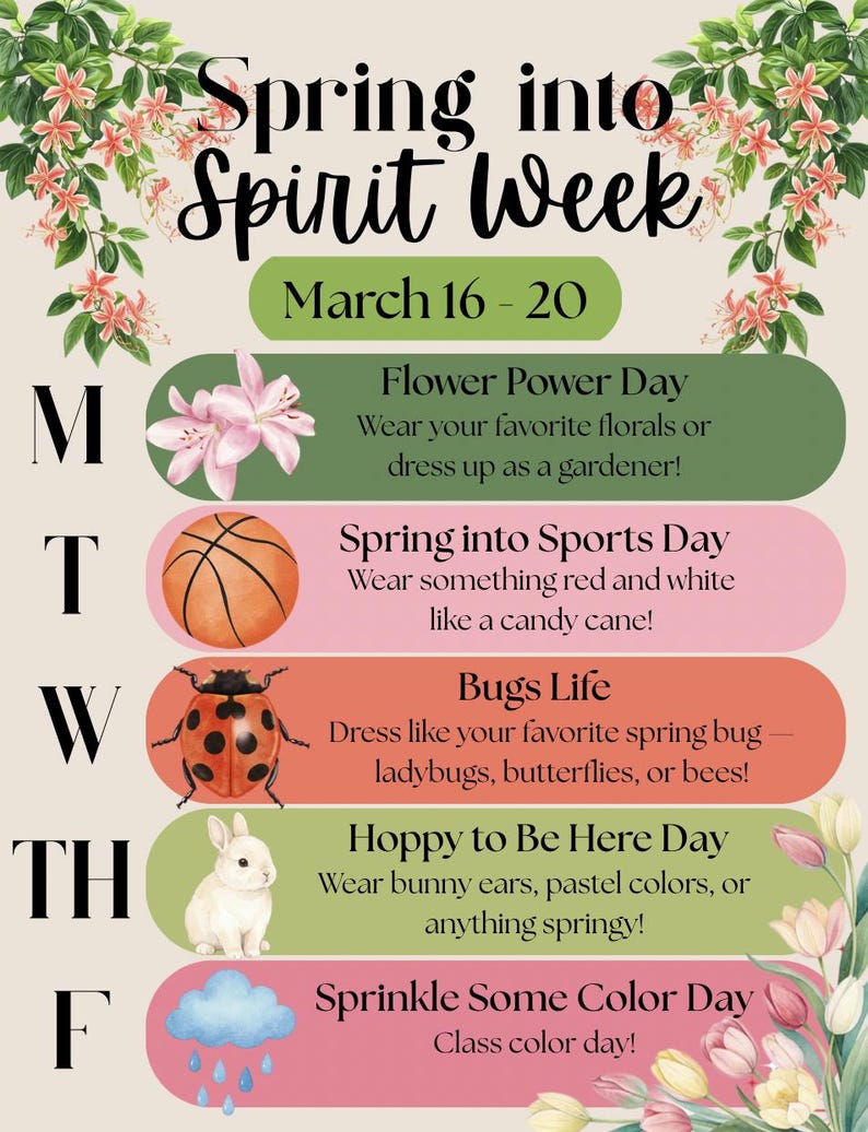 Spring Spirit Week Dress up Days | Editable Canva Template | Flyer - Etsy