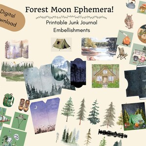 Éphémères pour carnet de notes Lune de la forêt, embellissements de forêt, pochettes pour carnet de notes, artisanat lune imprimable, albums éphémères de scrapbooking, numérique, céleste