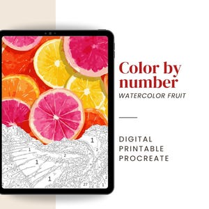 May include: A digital colour-by-number image on a tablet, featuring watercolour fruit slices in shades of orange, yellow, and pink. The text reads "Color by number WATERCOLOUR FRUIT DIGITAL PRINTABLE PROCREATE."
