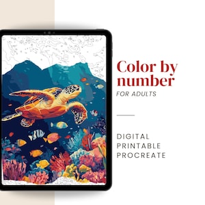Tortuga marina para colorear por números / Pintura digital e imprimible por números para adultos / Plantilla Procreate incluida