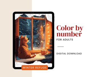 Gato acogedor para pintar por números / Colorear por números en invierno para adultos – Kit digital e imprimible
